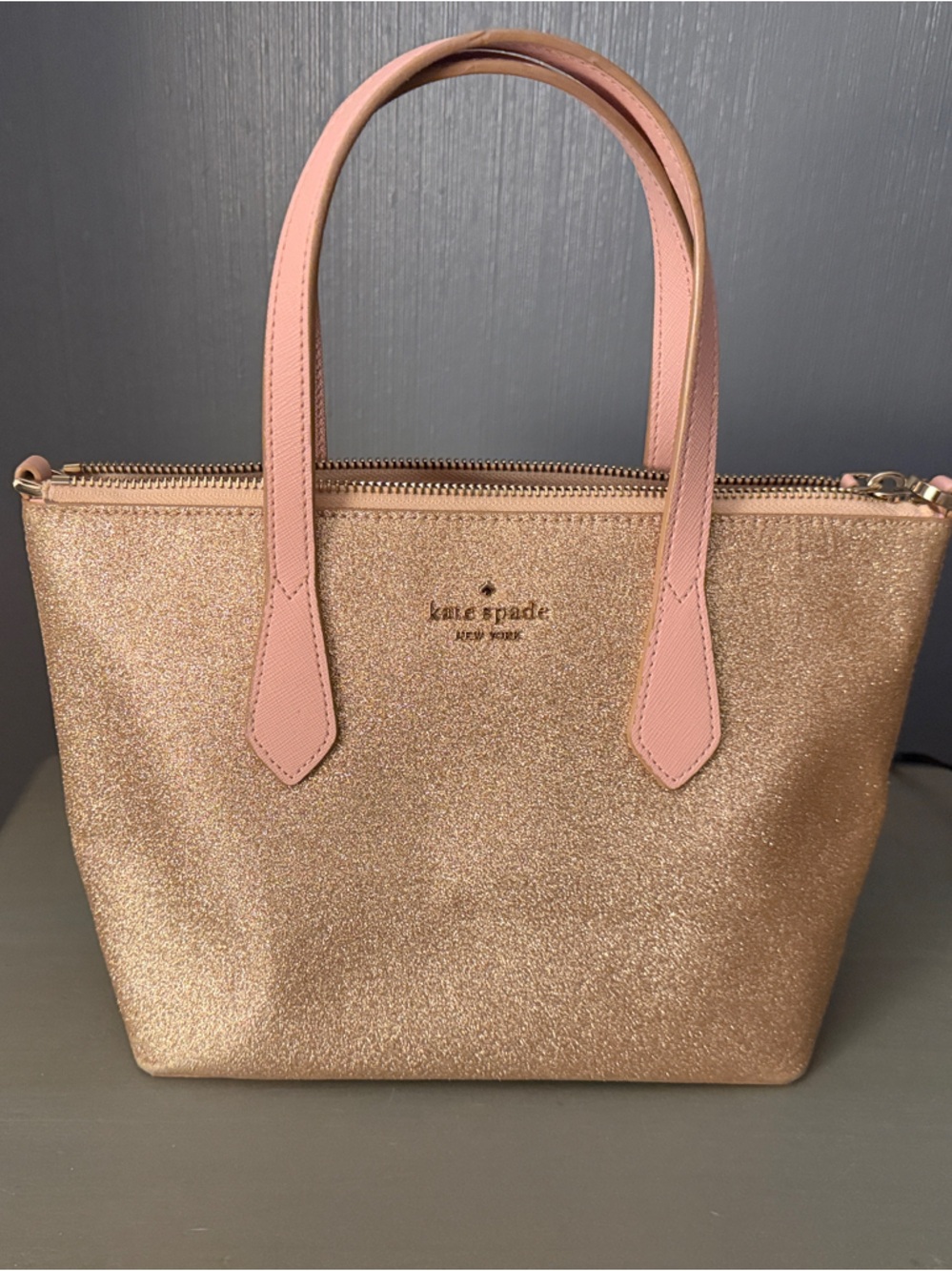 kate spade Glitter Tote in Rose Gold with Pink Handles